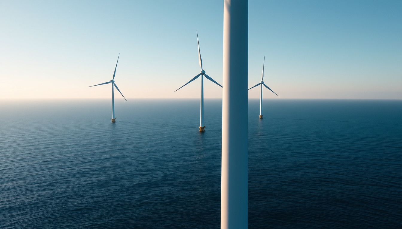 wind turbine farm offshore in editorial style