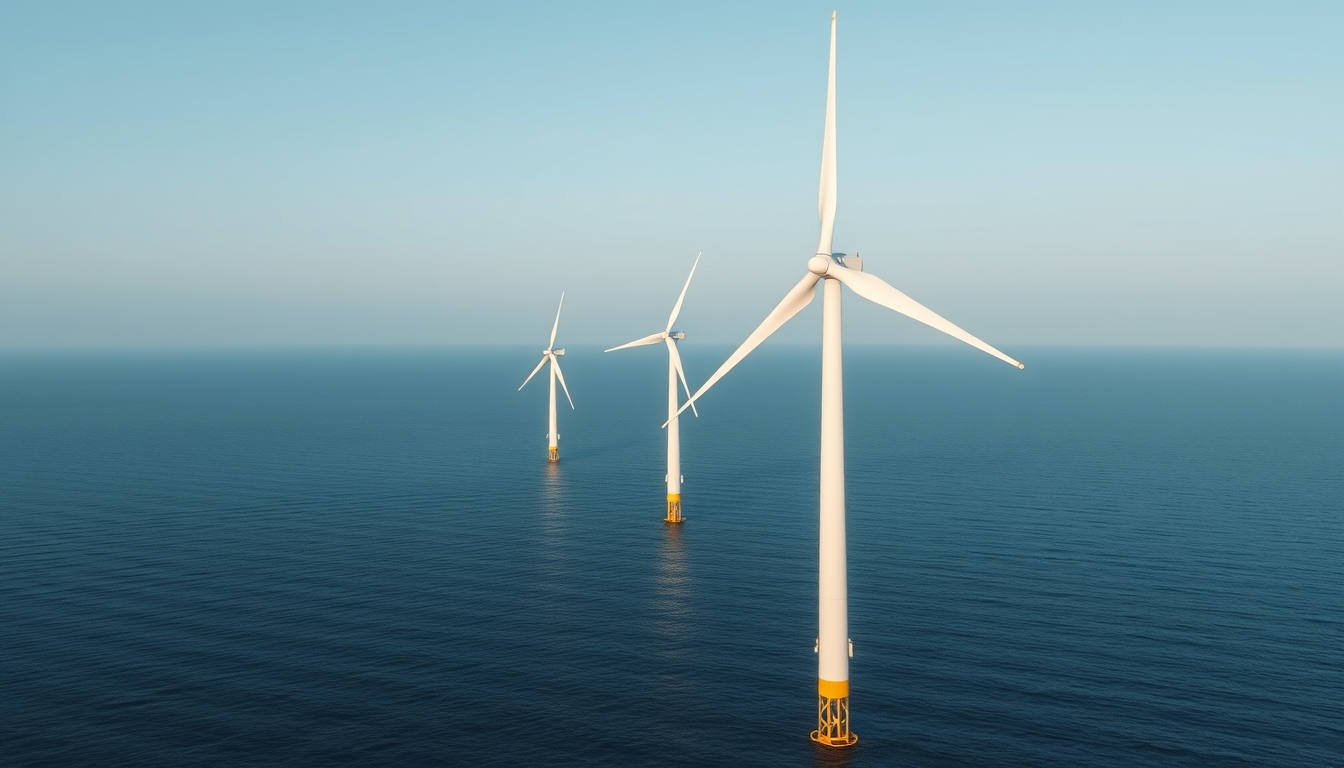 wind turbine farm offshore in editorial style