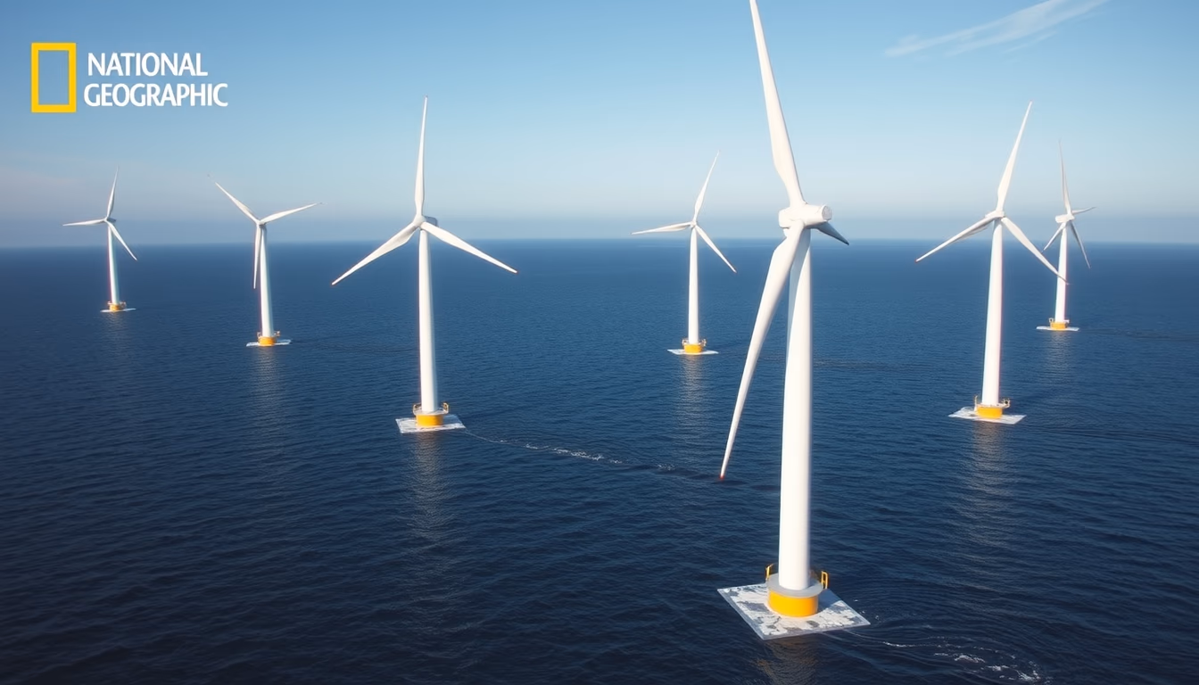wind turbine farm offshore in editorial style
