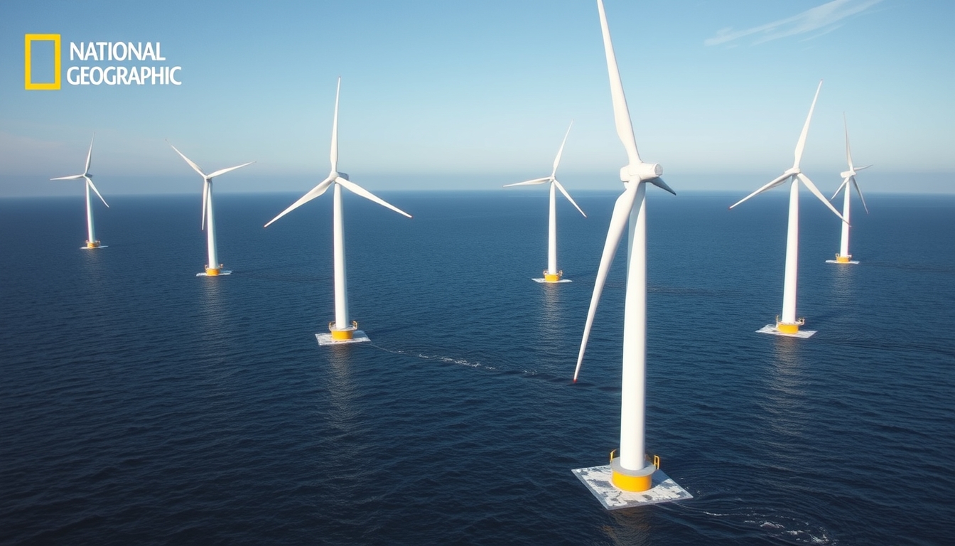 wind turbine farm offshore in editorial style