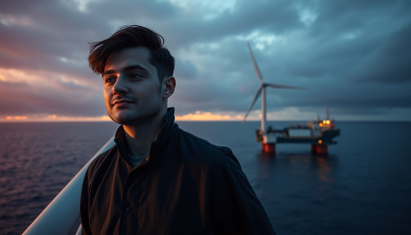 wind turbine farm offshore in editorial style