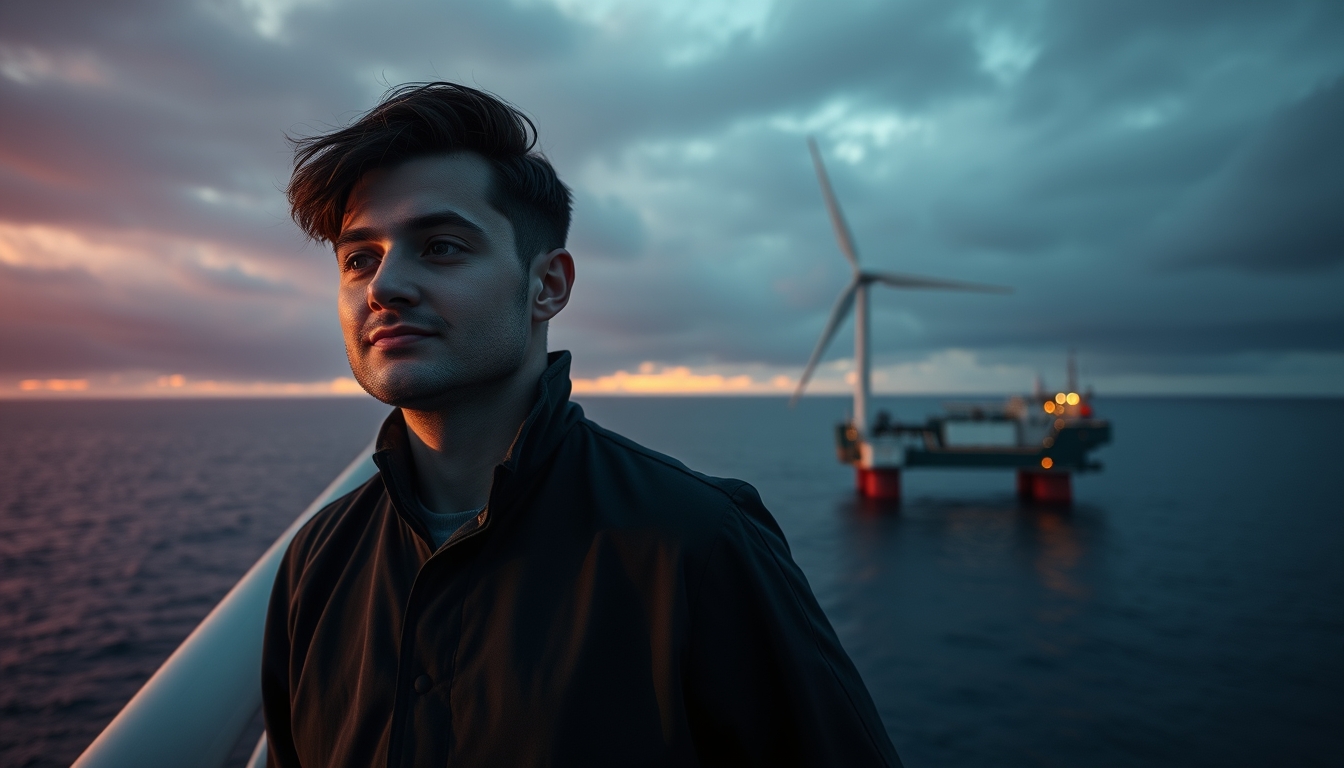 wind turbine farm offshore in editorial style