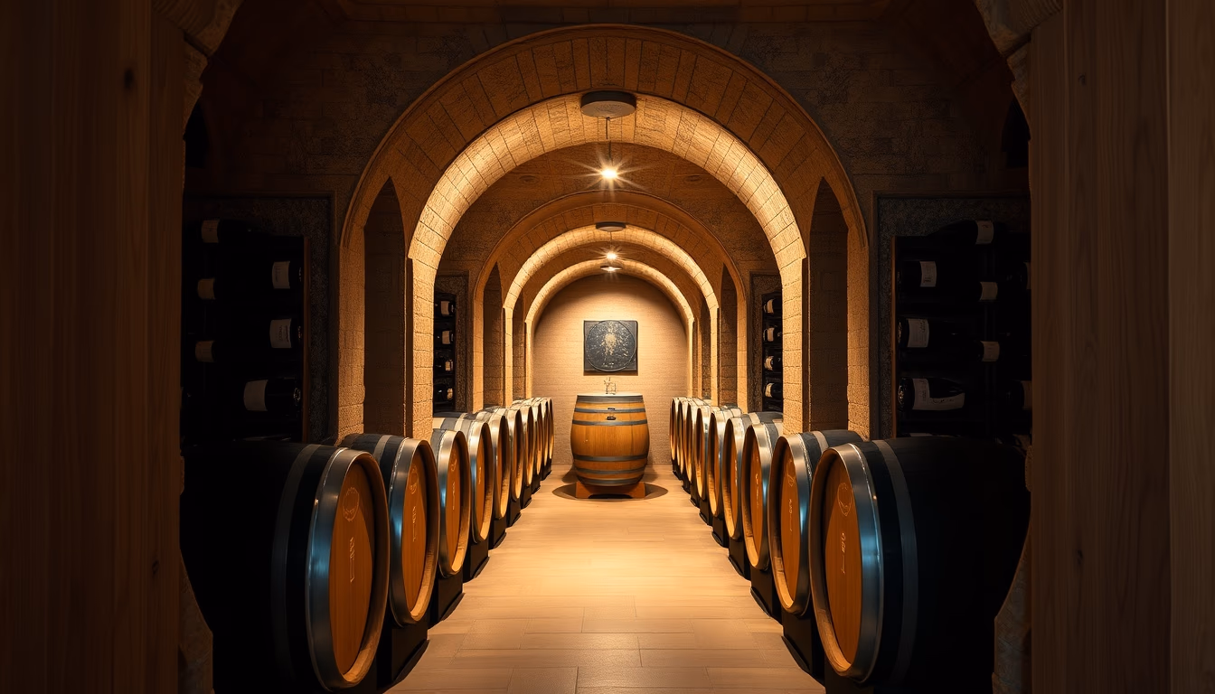 wine cellar barrel oak in editorial style