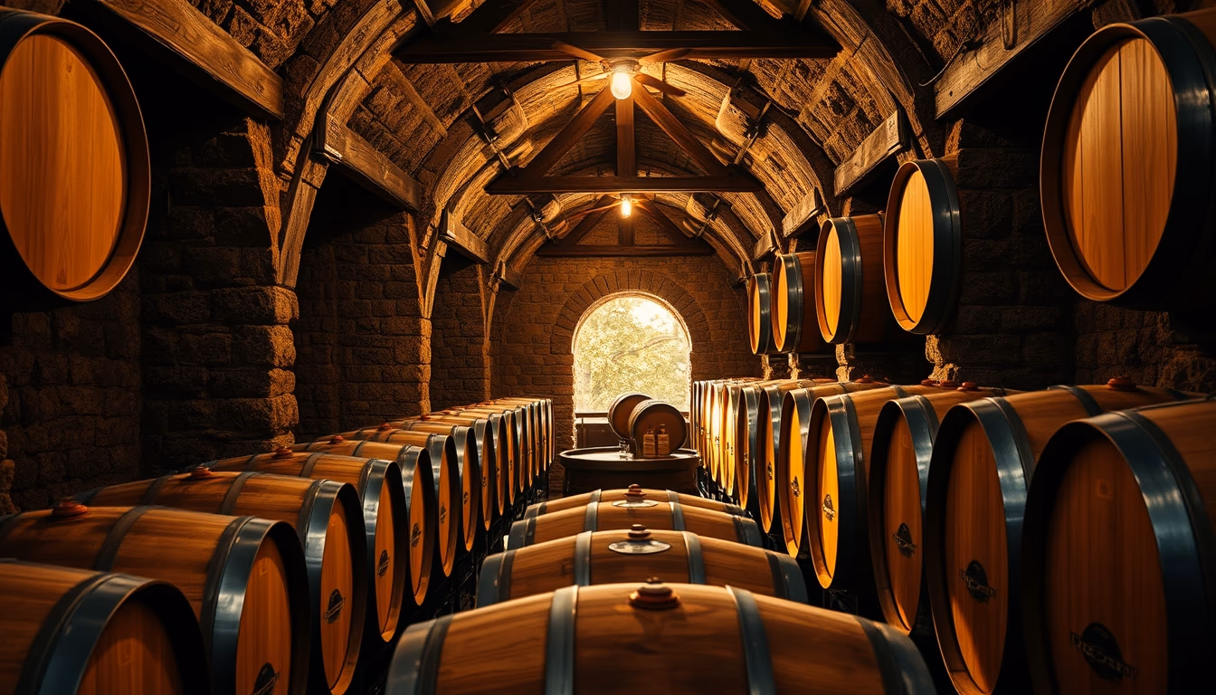 wine cellar barrel oak in editorial style