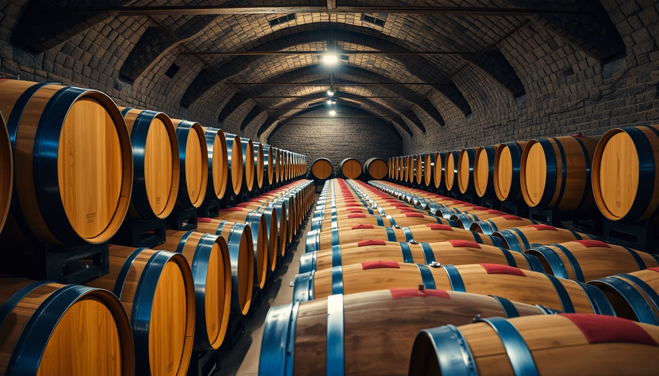 wine cellar wood barrels in editorial style
