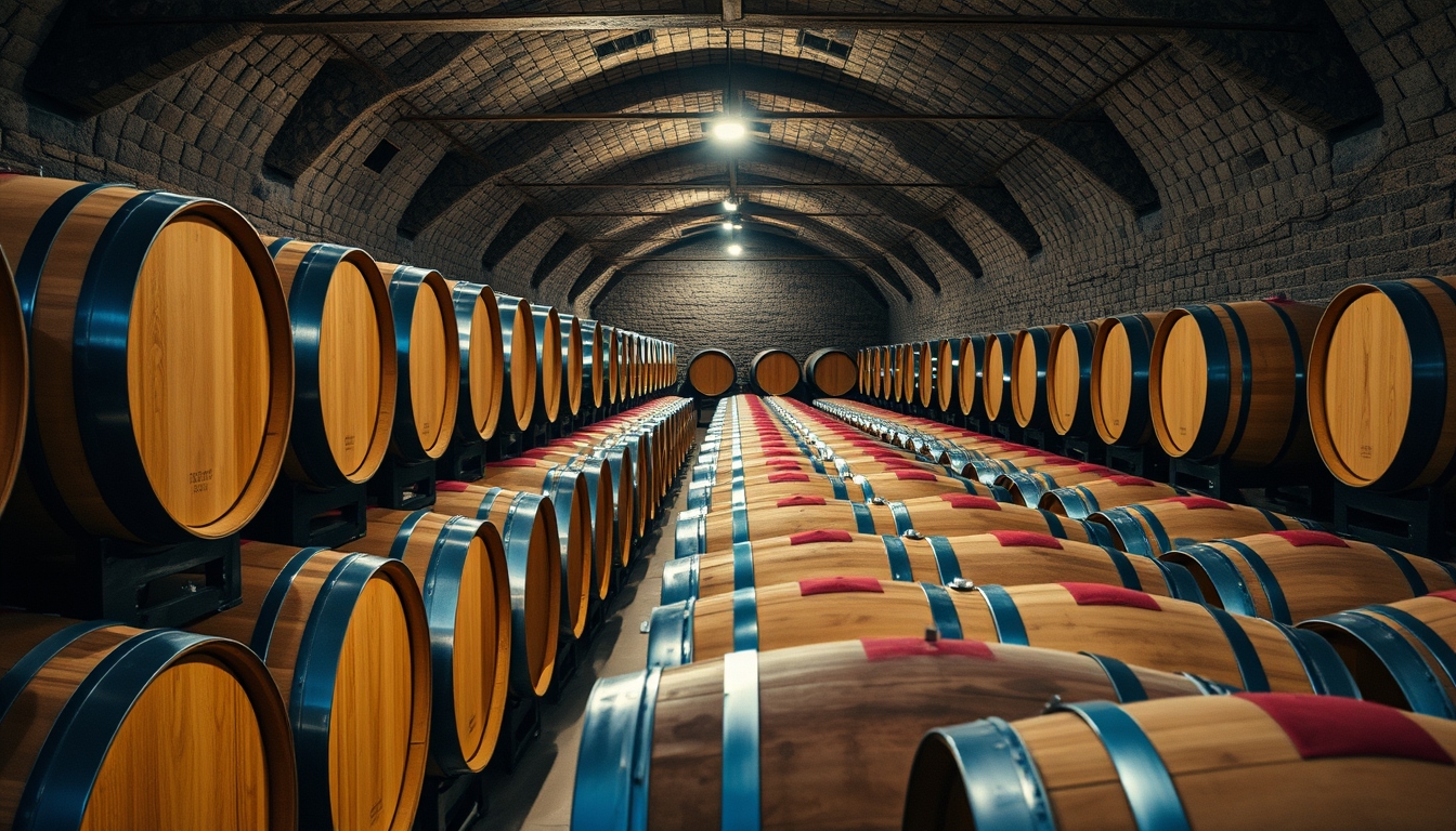 wine cellar wood barrels in editorial style