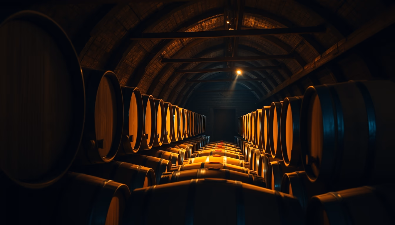 wine cellar wood barrels in editorial style