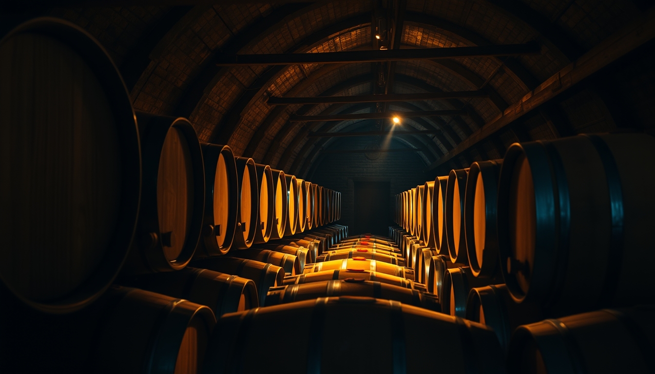 wine cellar wood barrels in editorial style