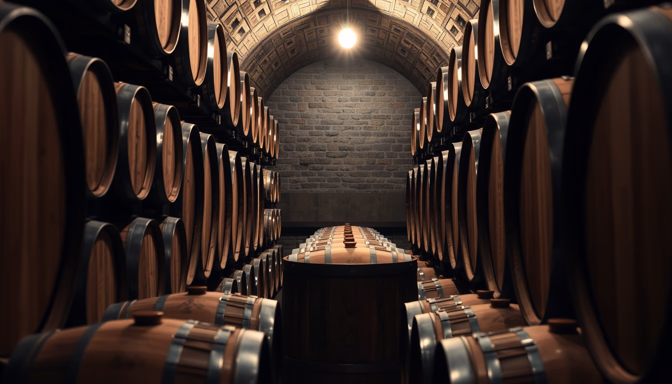 wine cellar wood barrels in editorial style
