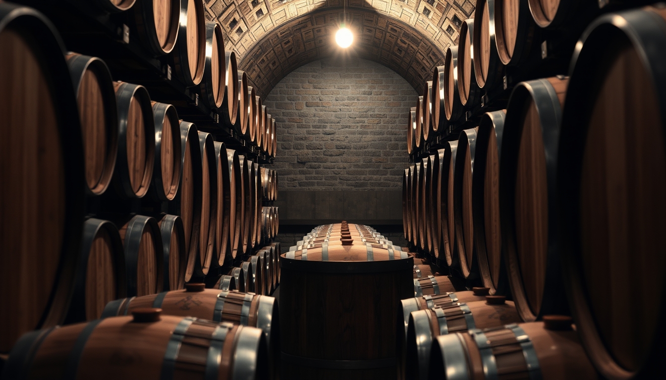 wine cellar wood barrels in editorial style