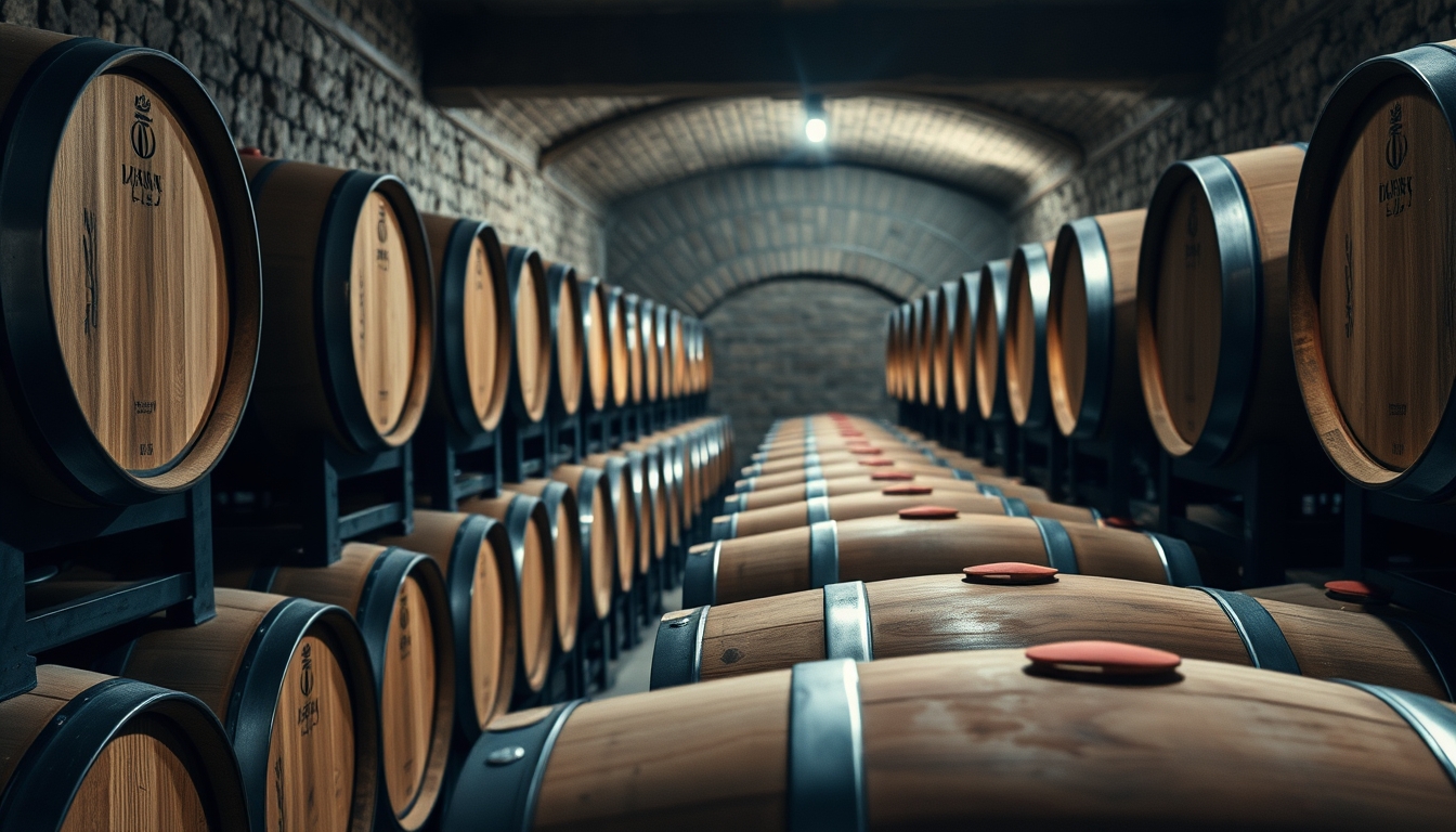 wine cellar wood barrels in editorial style