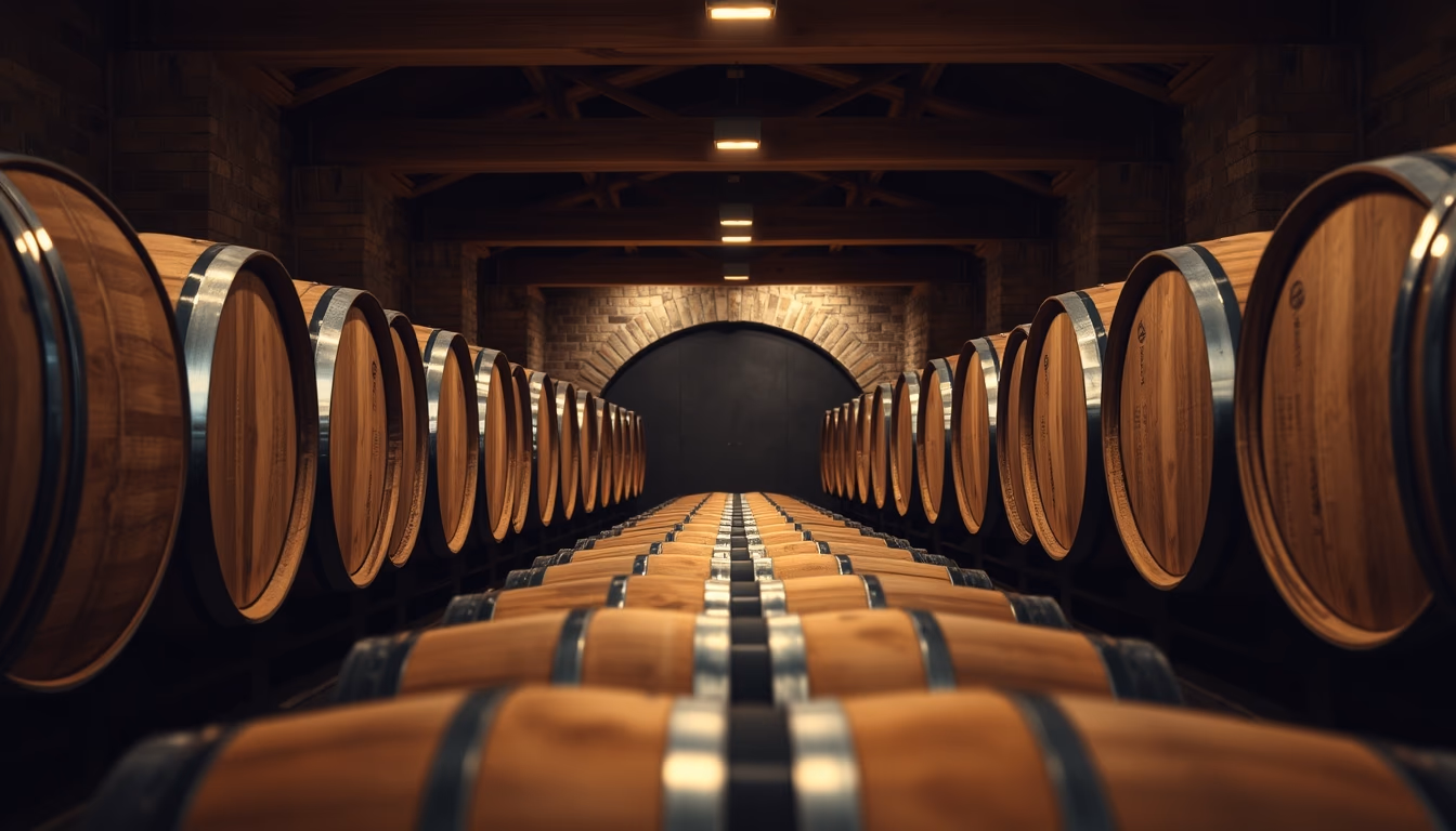 wine cellar wood barrels in editorial style