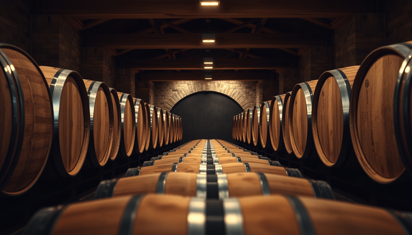 wine cellar wood barrels in editorial style