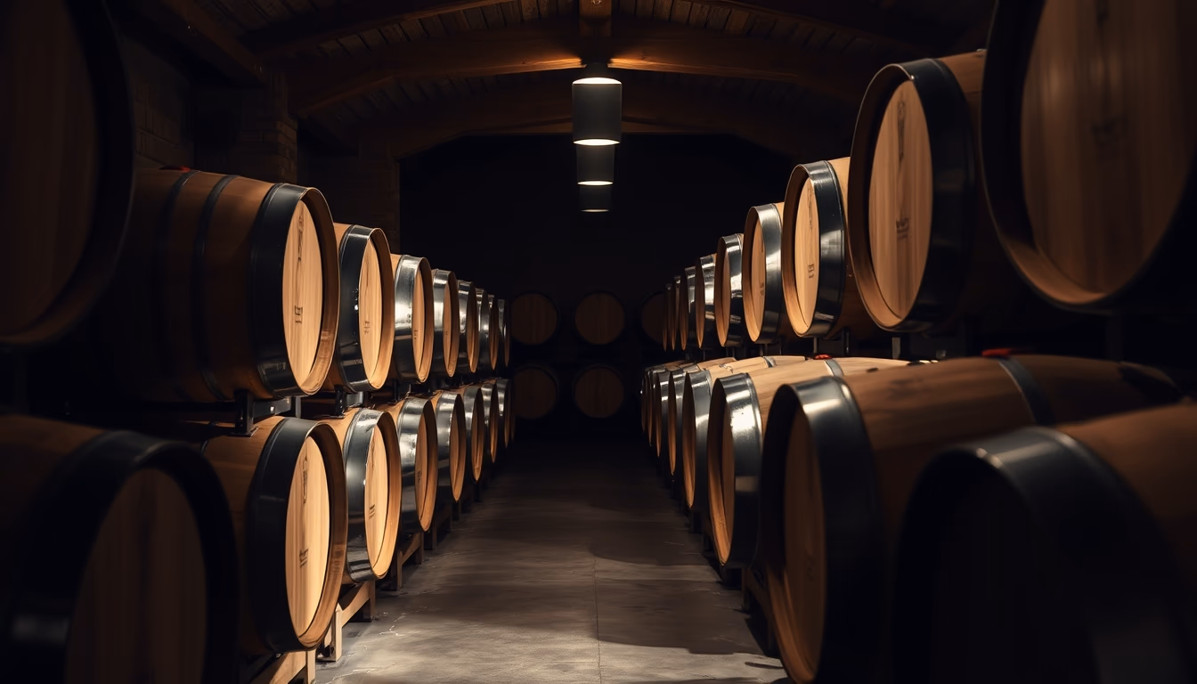 wine cellar wood barrels in editorial style