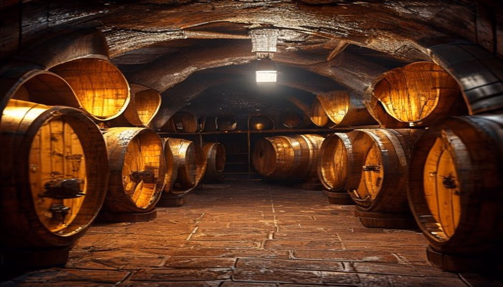 wine cellar wood barrels in editorial style
