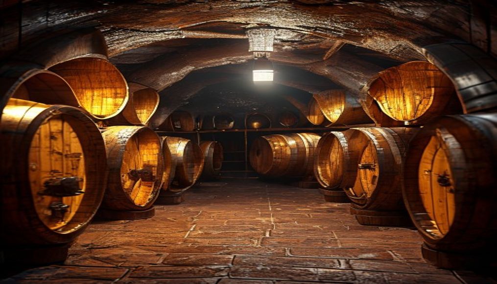 wine cellar wood barrels in editorial style