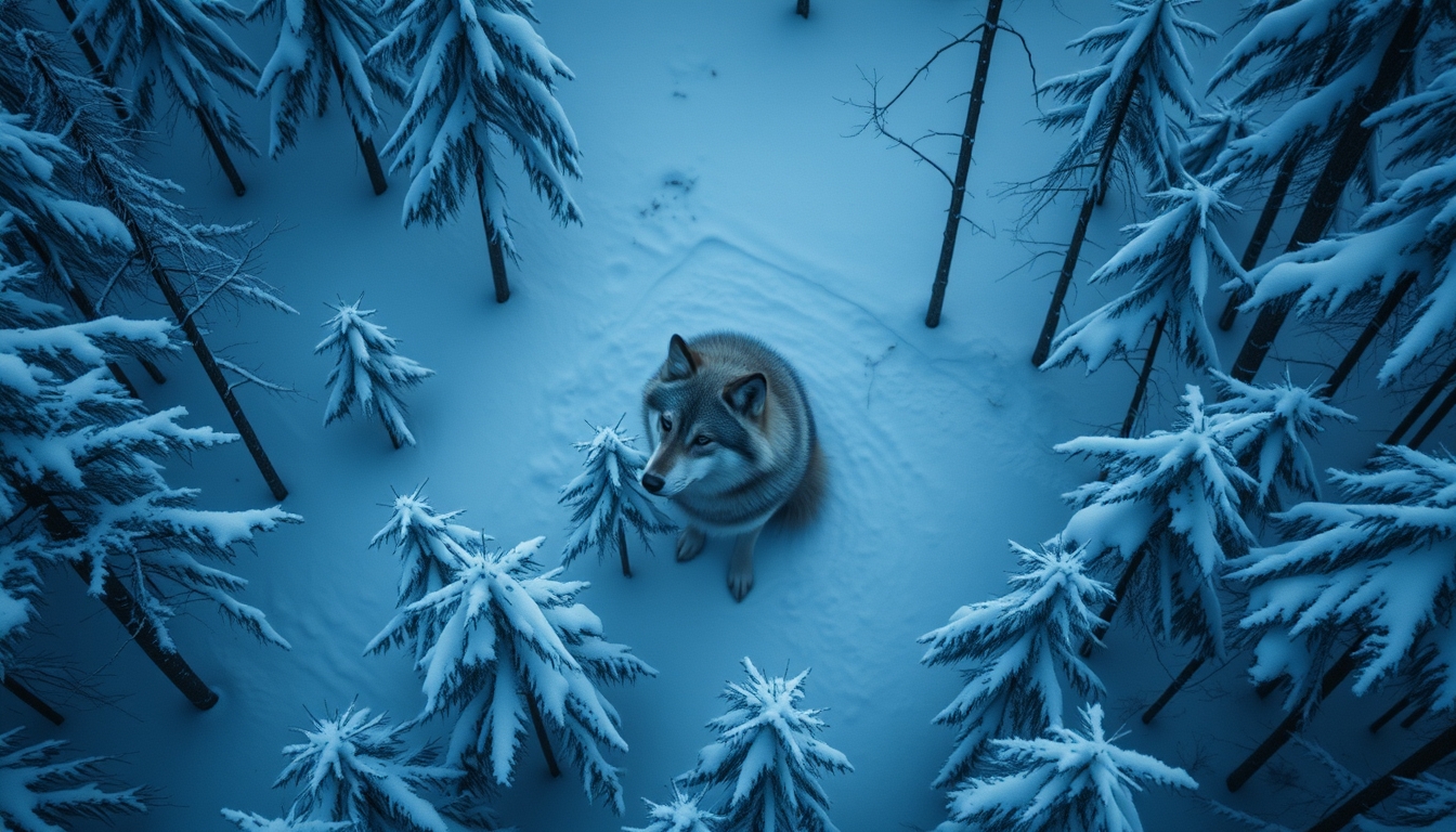 wolf in snowy forest in editorial style