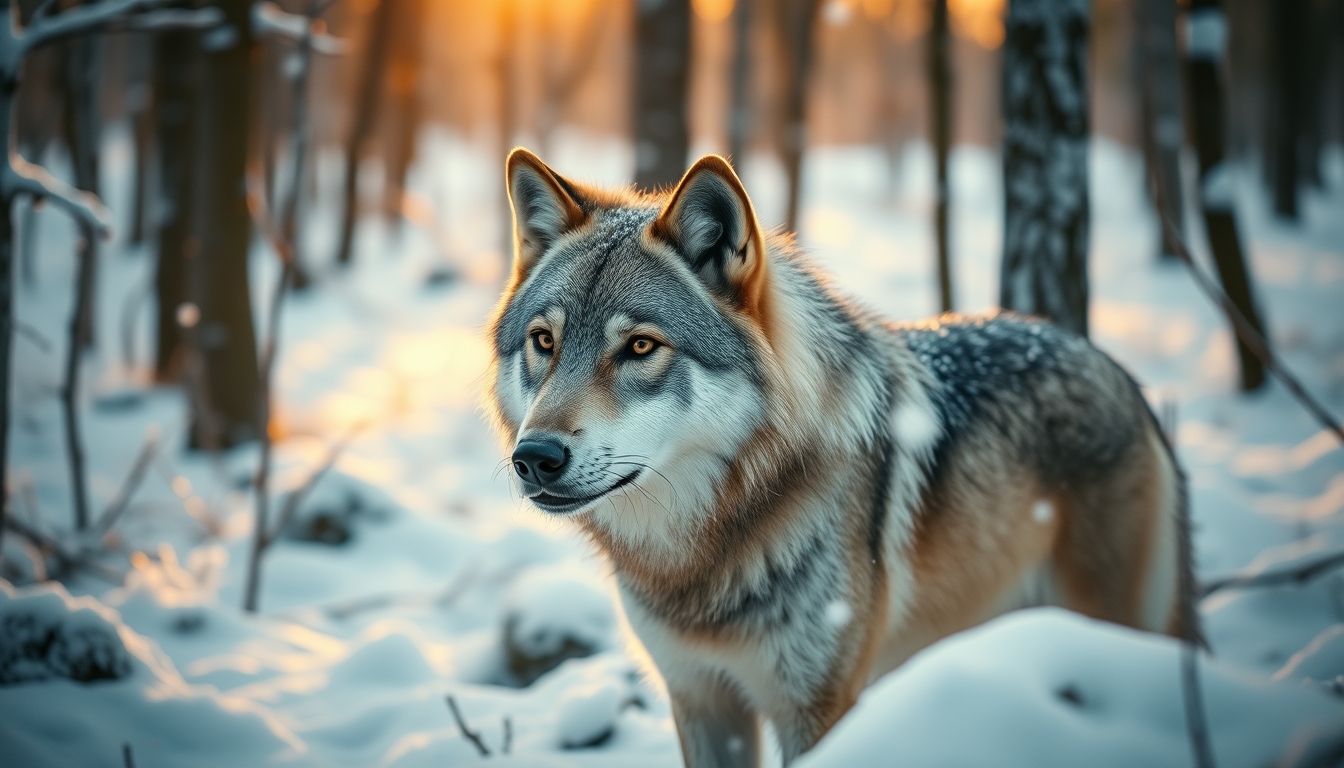 wolf in snowy forest in editorial style