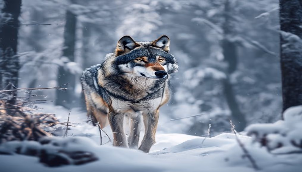 wolf in snowy forest in editorial style