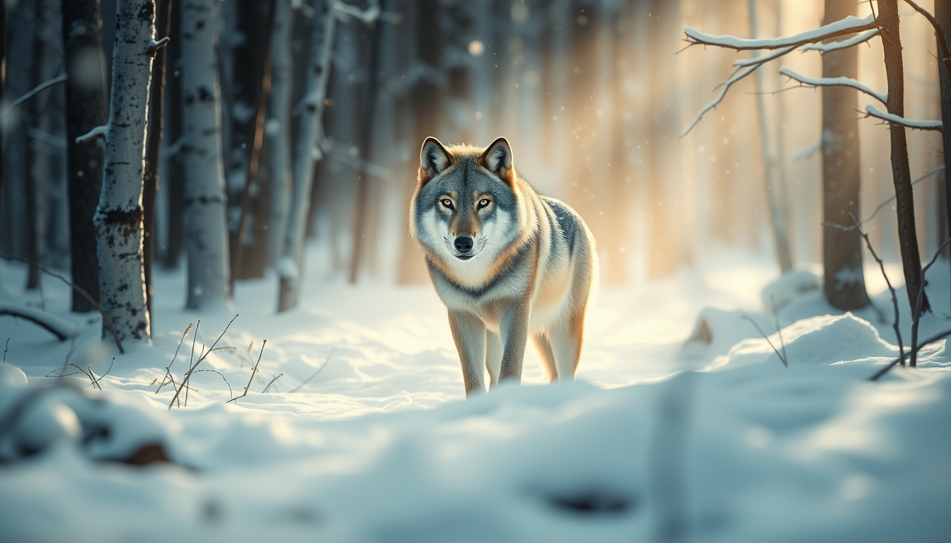 wolf in snowy forest in editorial style