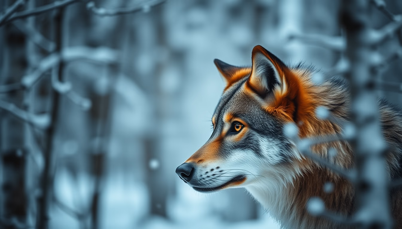 wolf in snowy forest in editorial style