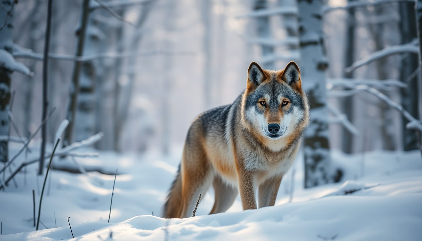 wolf in snowy forest in editorial style