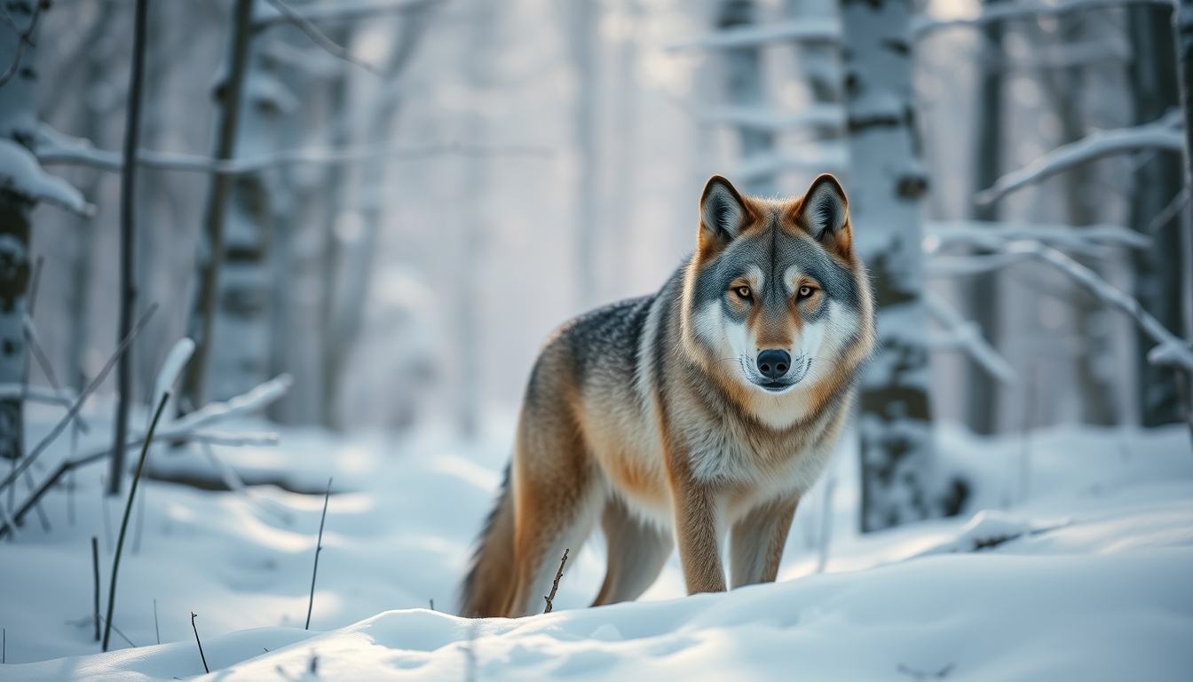 wolf in snowy forest in editorial style