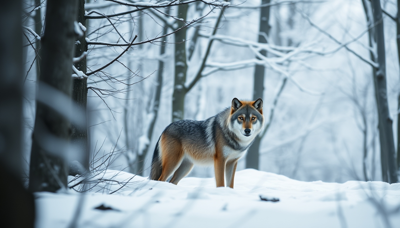 wolf in snowy forest in editorial style