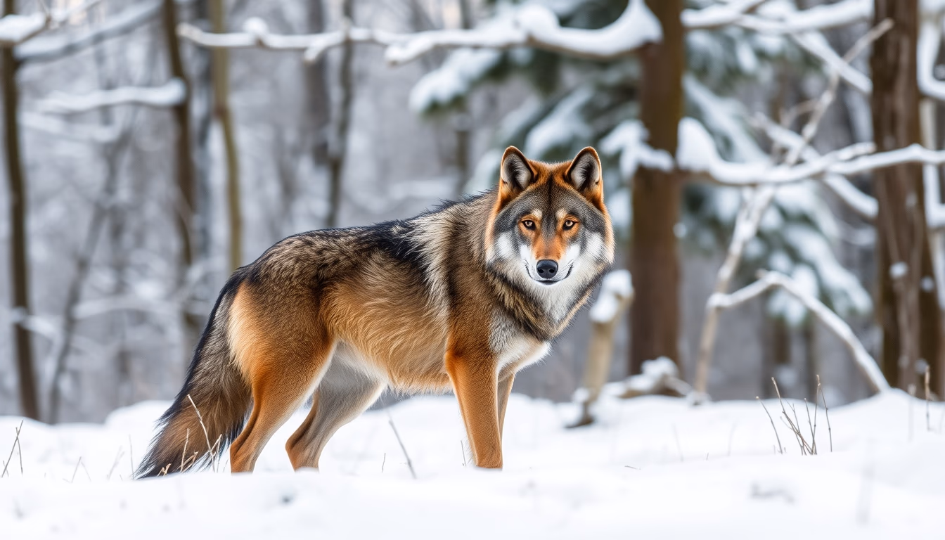 wolf in snowy forest in editorial style