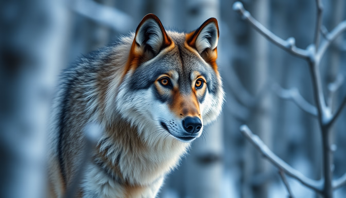 wolf in snowy forest in editorial style