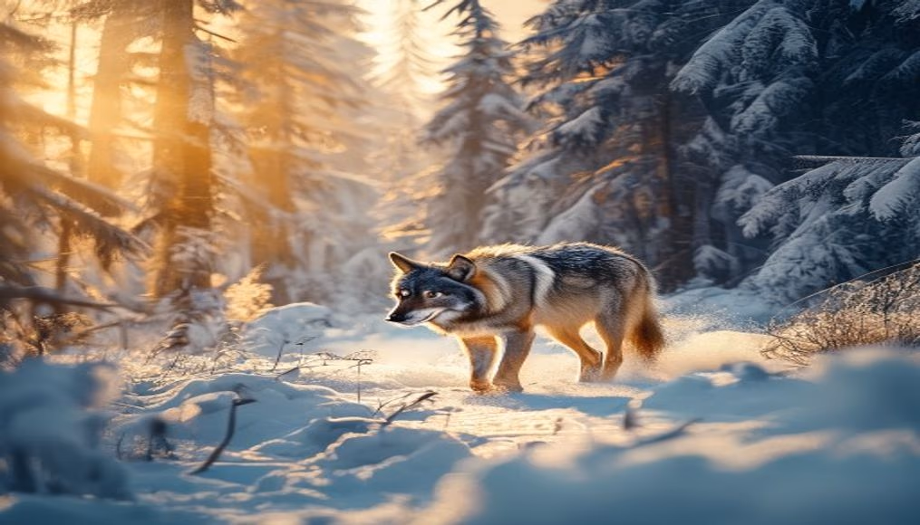wolf in snowy forest in editorial style