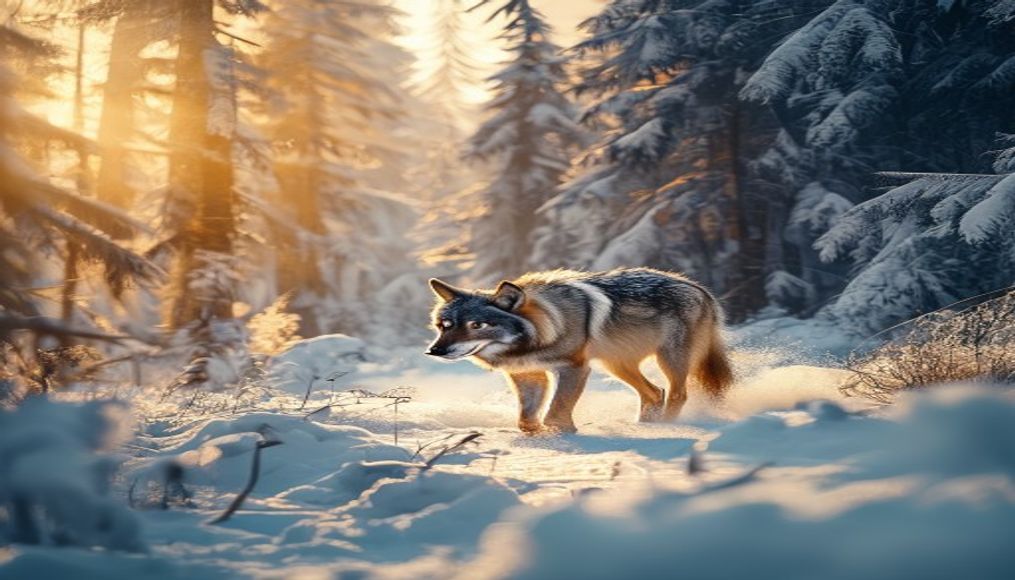 Wolf in snowy forest em estilo editorial