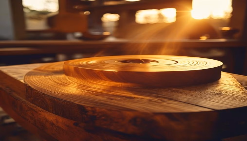 wood lathe spinning in editorial style