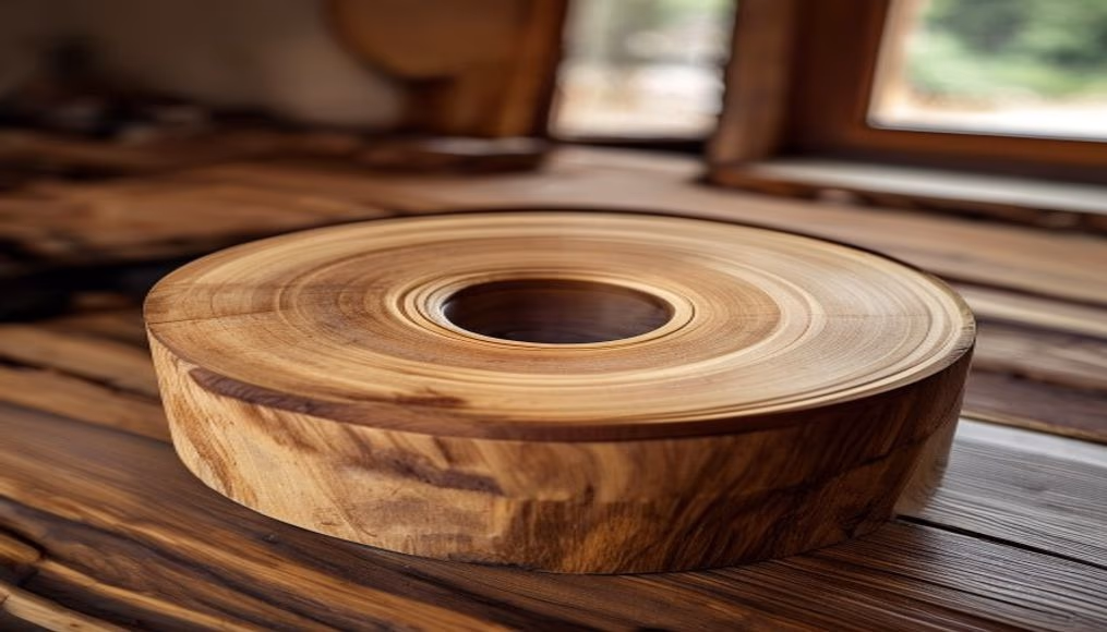 wood lathe spinning in editorial style