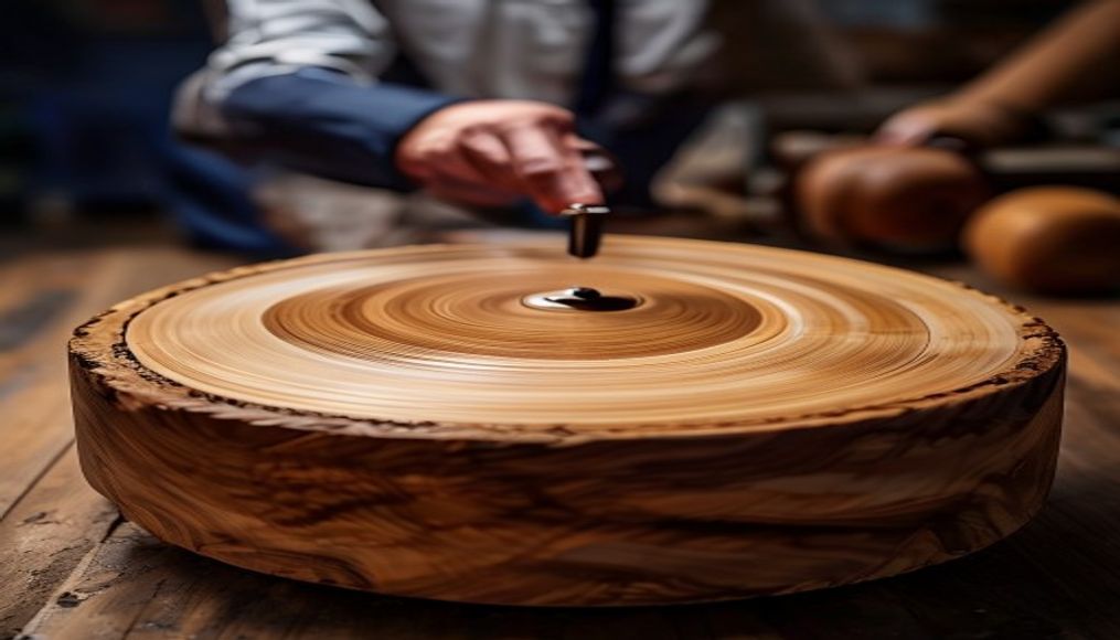 wood lathe spinning in editorial style