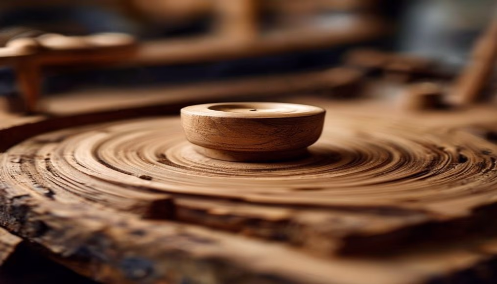 wood lathe spinning in editorial style