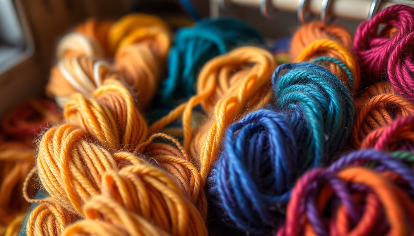 wool yarn skeins rainbow in editorial style