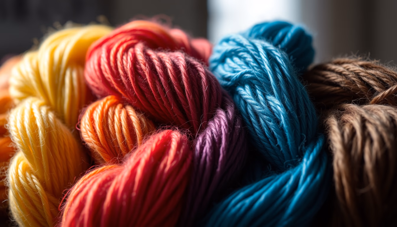 wool yarn skeins rainbow in editorial style