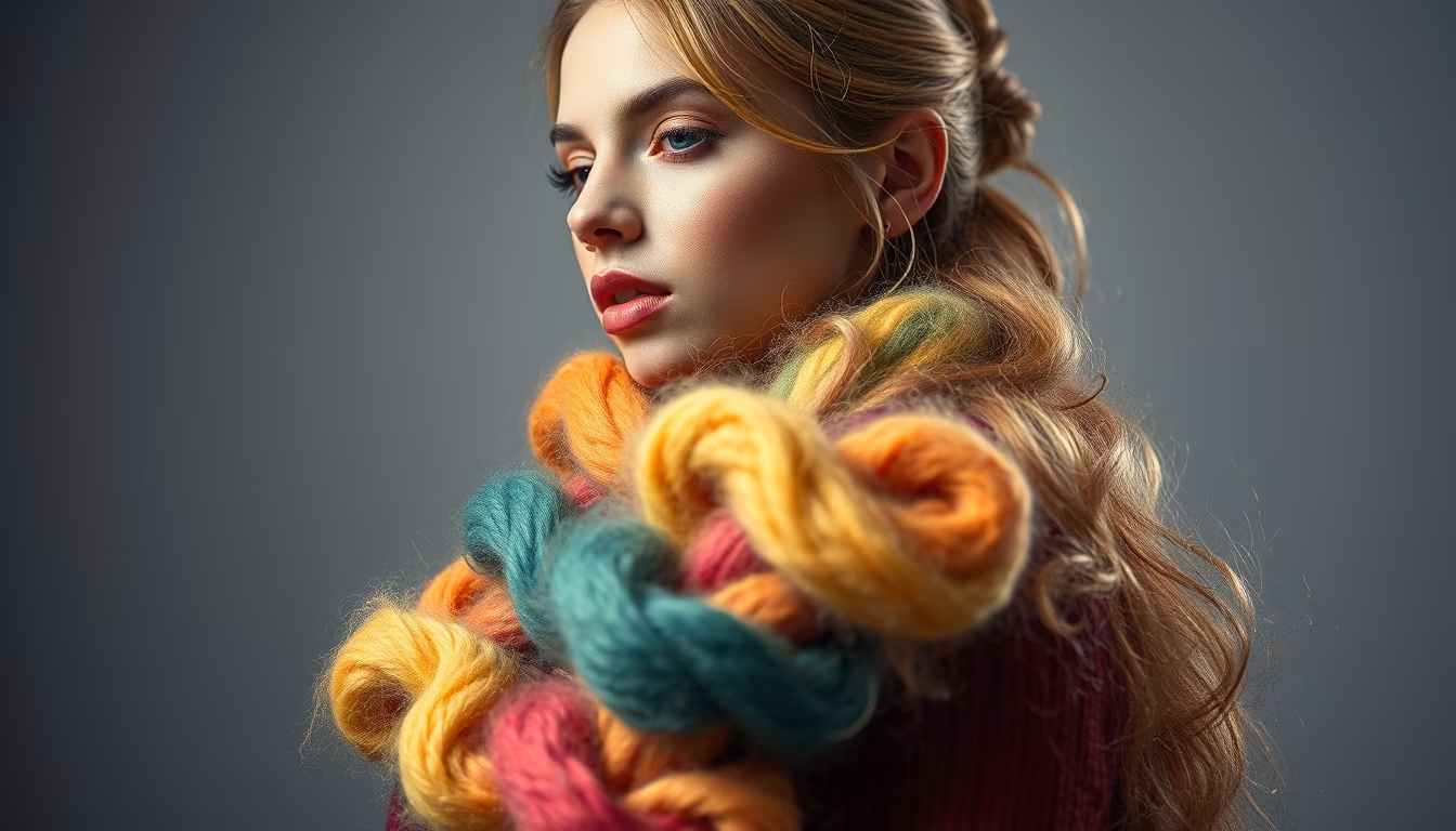 wool yarn skeins rainbow in editorial style