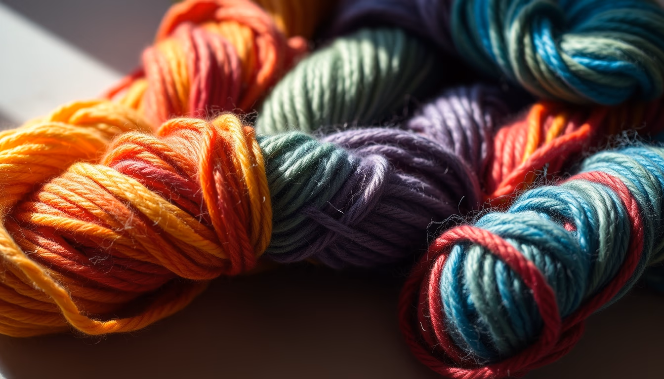 wool yarn skeins rainbow in editorial style