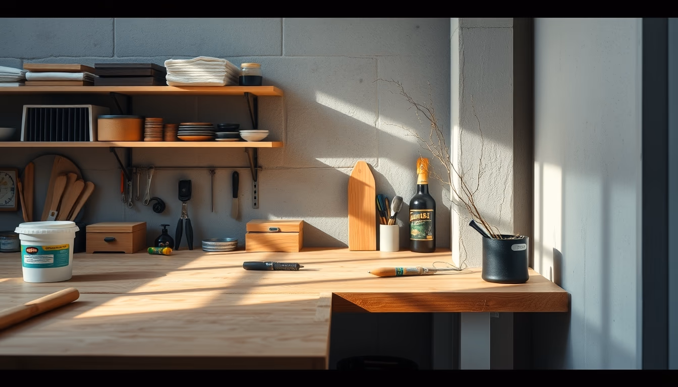 workshop bench tidy in editorial style