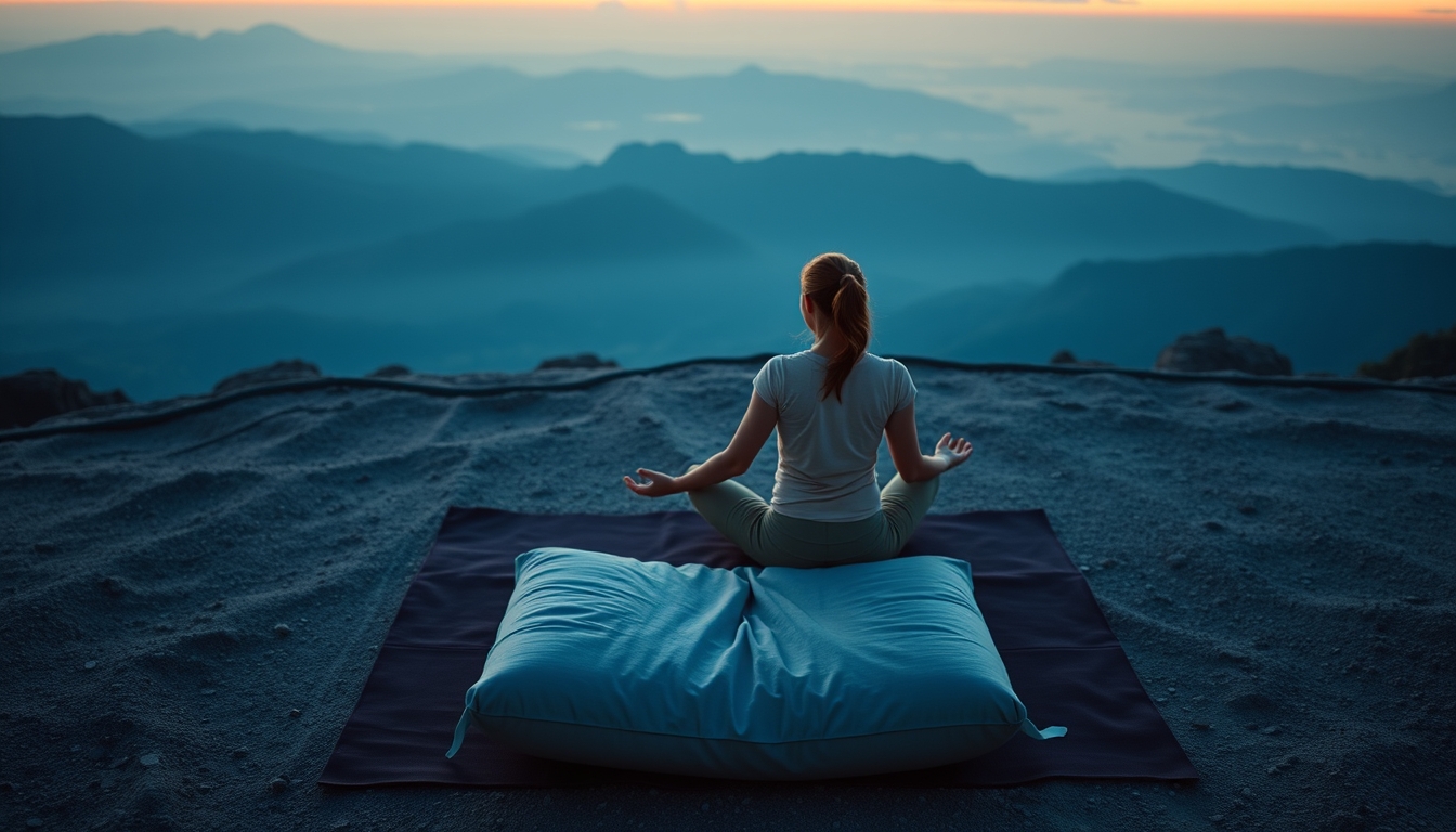 yoga mat with meditation cushion in editorial style