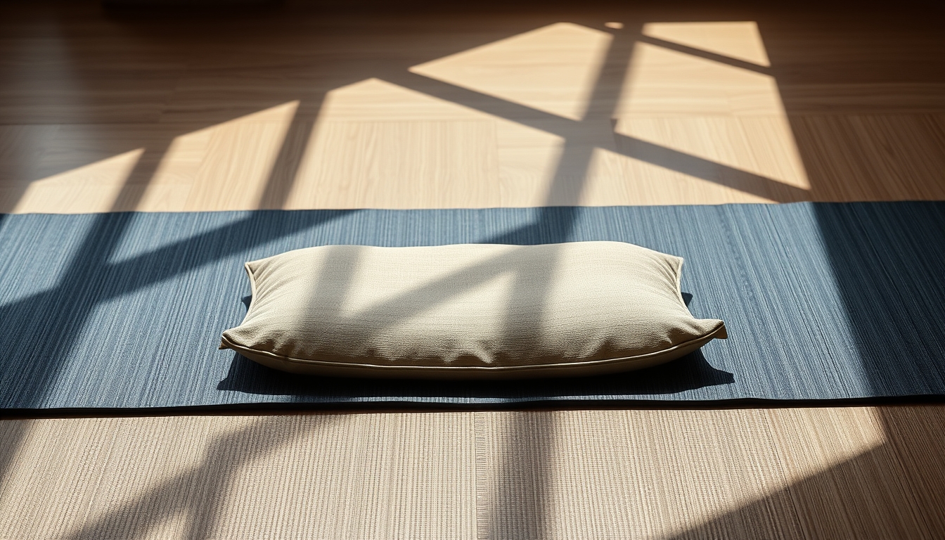 yoga mat with meditation cushion in editorial style