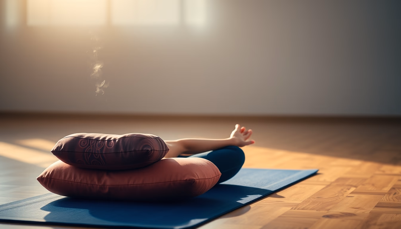 yoga mat with meditation cushion in editorial style