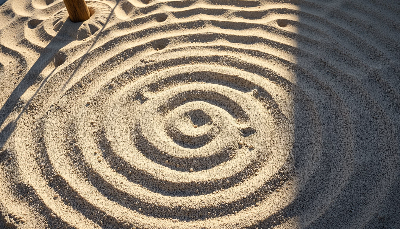 zen garden raked sand in editorial style