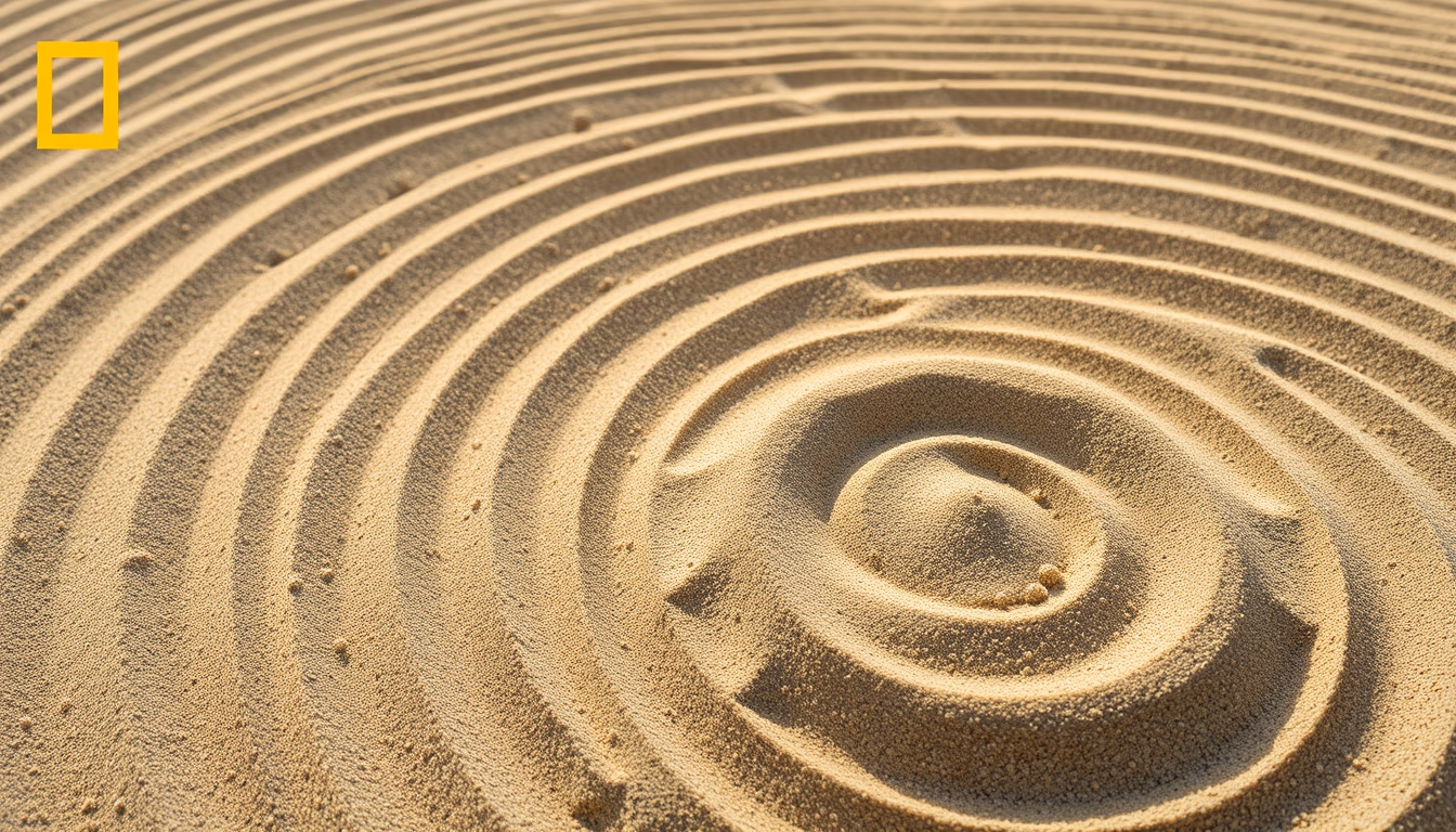zen garden raked sand in editorial style
