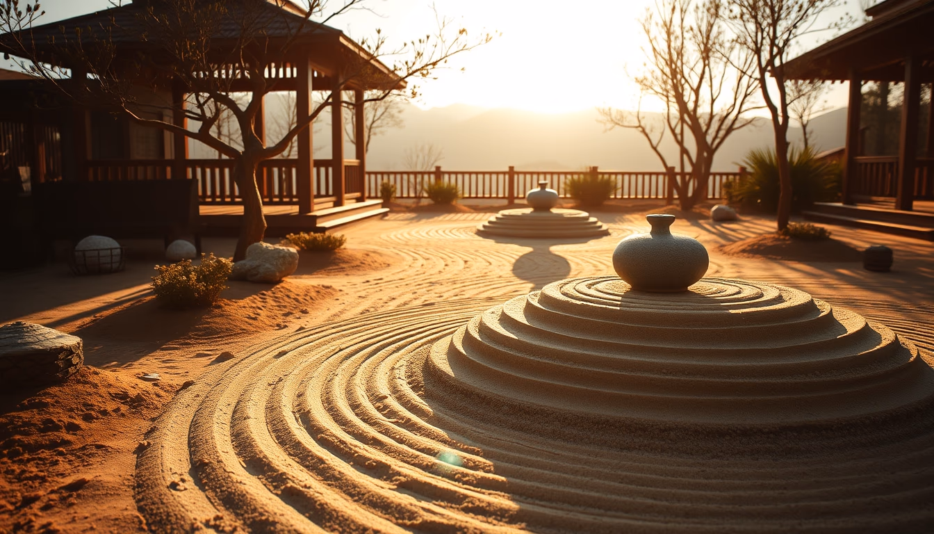 zen garden raked sand in editorial style