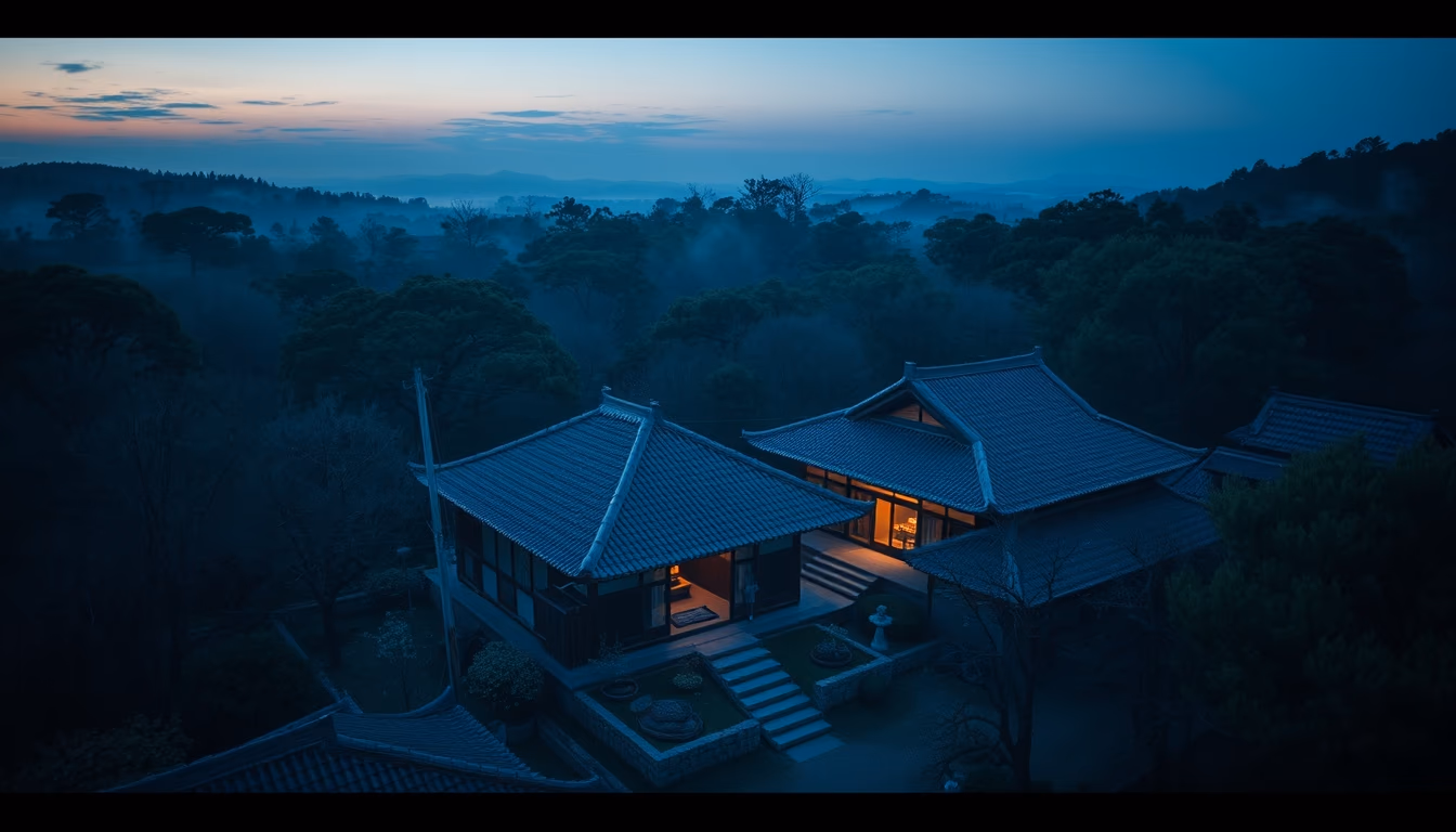 zen tea house rural japan in editorial style
