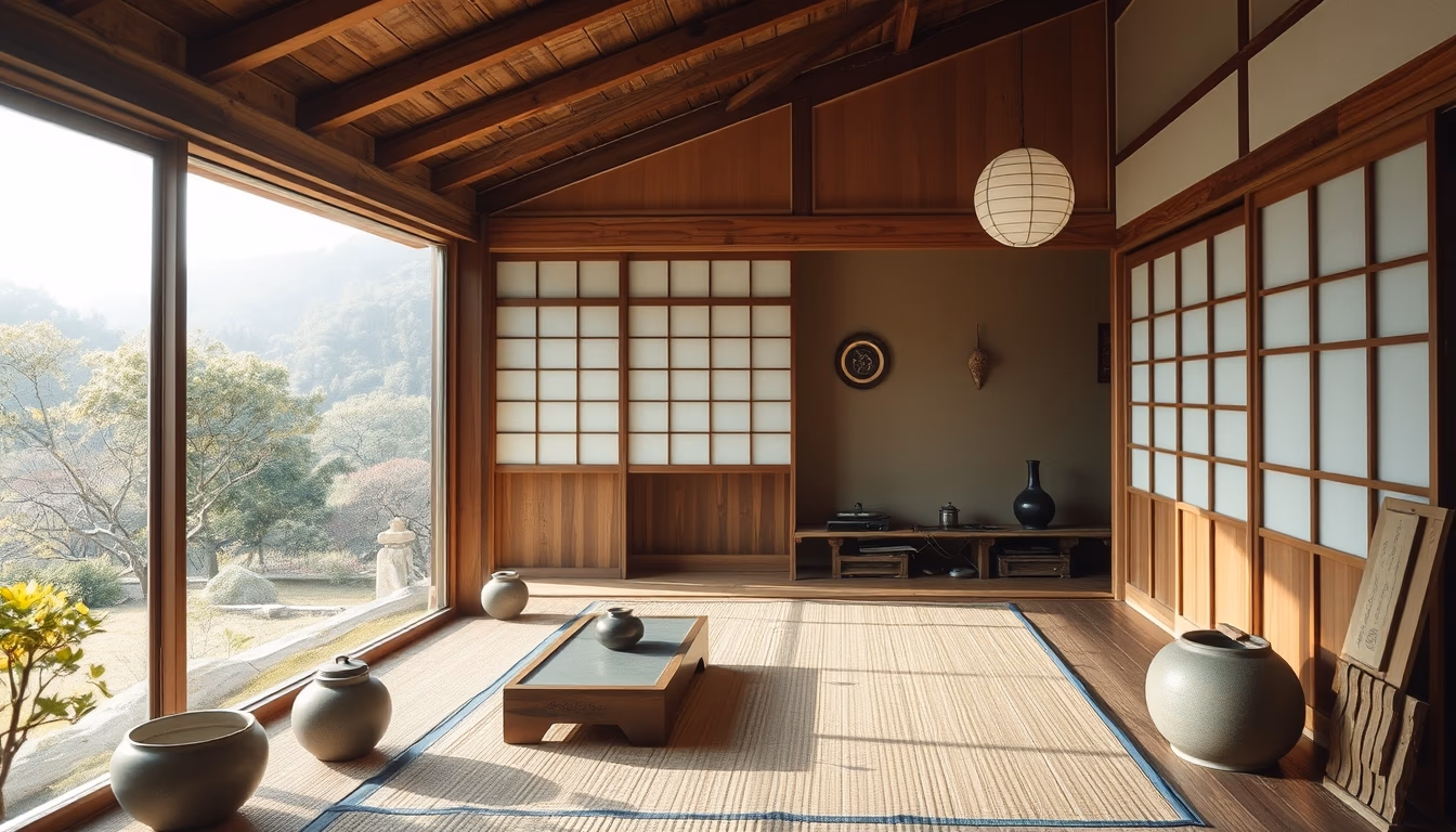 zen tea house rural japan in editorial style