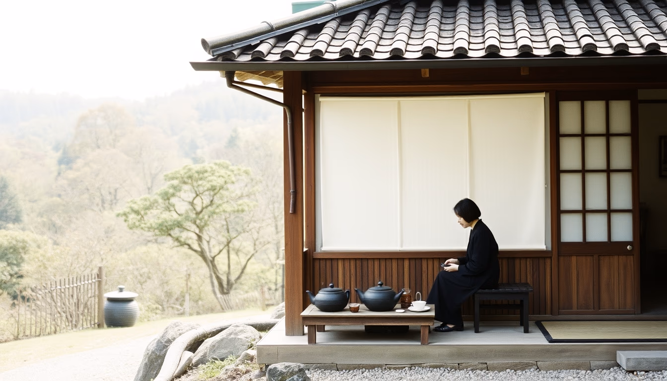 zen tea house rural japan in editorial style